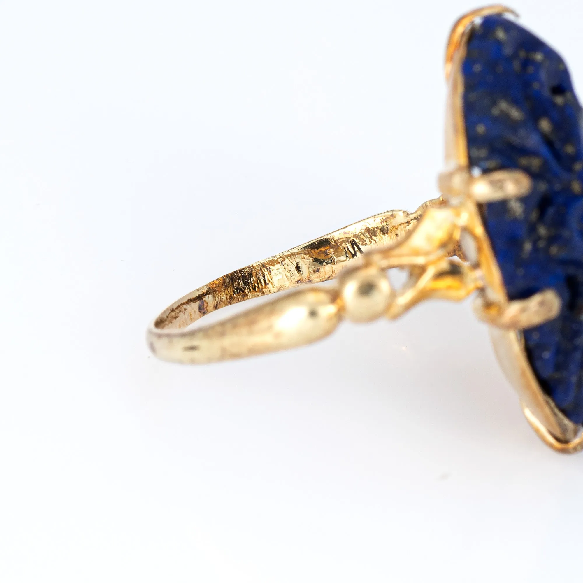 Carved Lapis Lazuli Flower Ring Vintage 14k Yellow Gold Oval Cocktail Jewelry